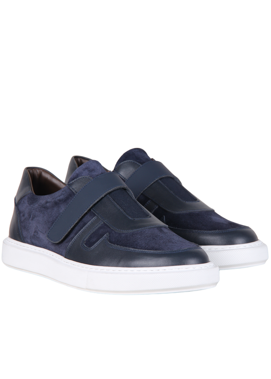 Темно-синие кроссовки из нубука и кожи